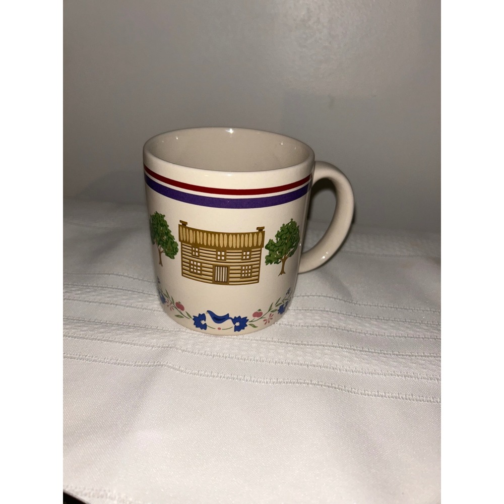 Vtg Primitive Folk Art Log Cabin Ceramic Coffee Mug Cream Country Cottagecore